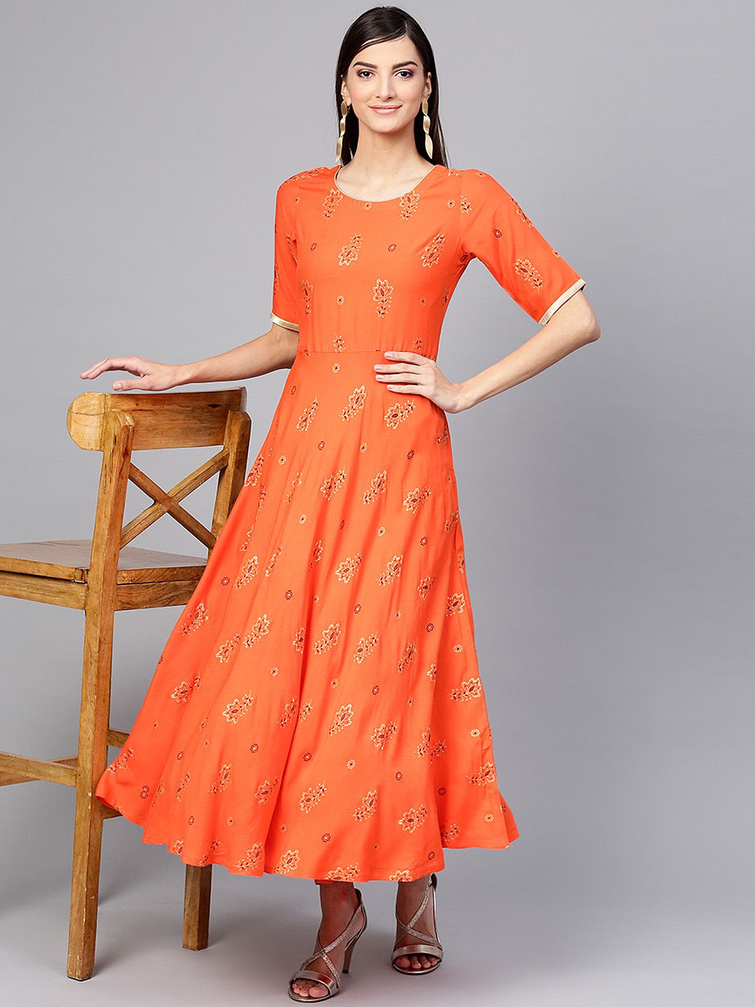 Gerua By Libas Women Orange  Golden Printed Maxi Dress