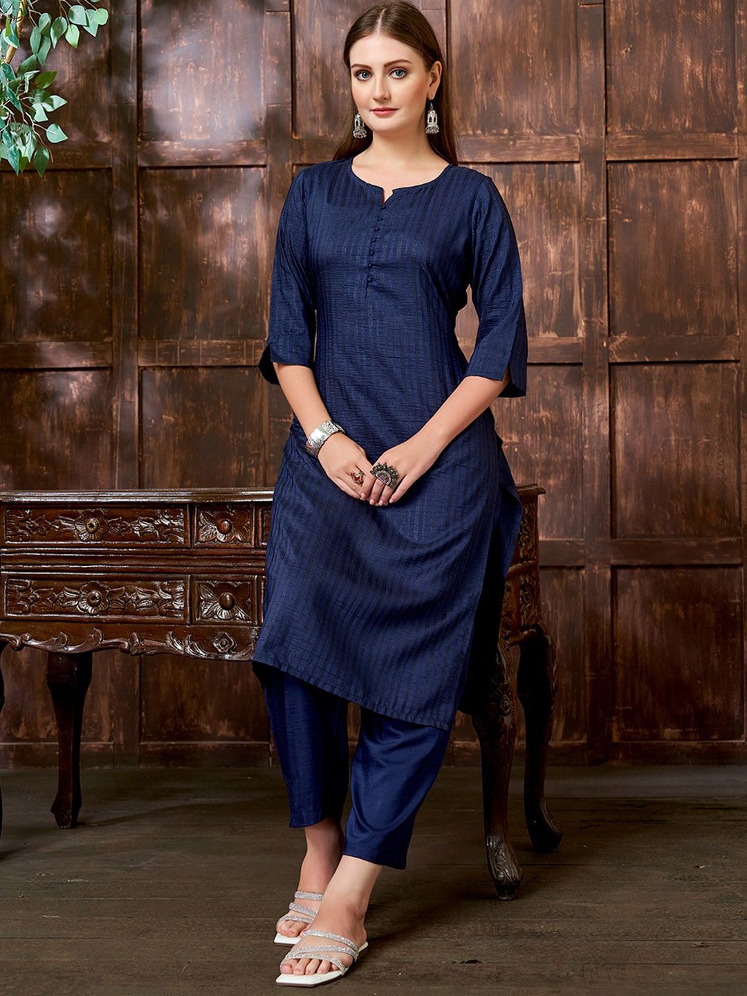 KALINI Women Striped Printed Notch Neck Straight Kurta With Trouser