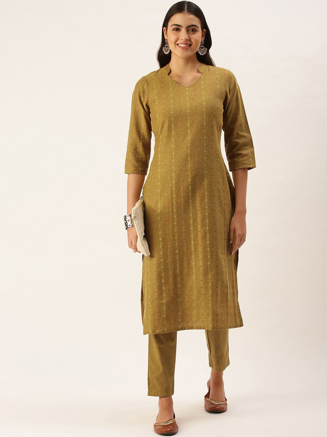 KALINI Woven Design Mandarin Collar Regular Kurta With Trousers