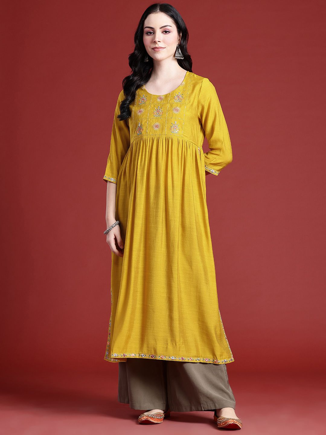 Anouk Floral Embroidered Sequinned Detail Empire-Style A-Line Kurta