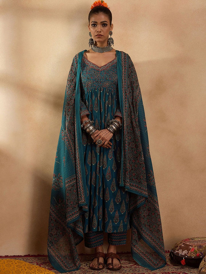 Indo Era Floral Printed Empire Pure Cotton A-Line Kurta with Trousers & Dupatta