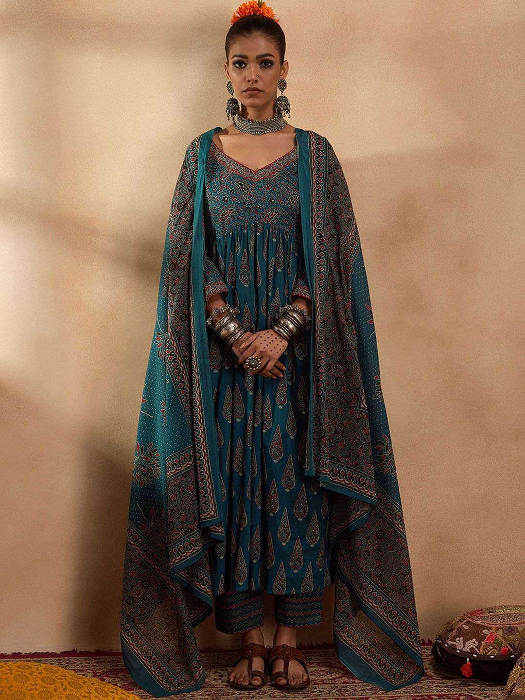 Indo Era Floral Printed Empire Pure Cotton A-Line Kurta with Trousers & Dupatta