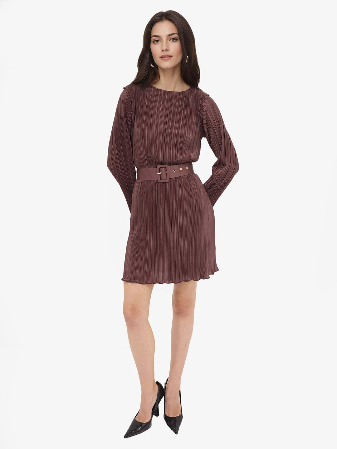 RAREISM Brown Self Design Long Sleeves A-Line Dress