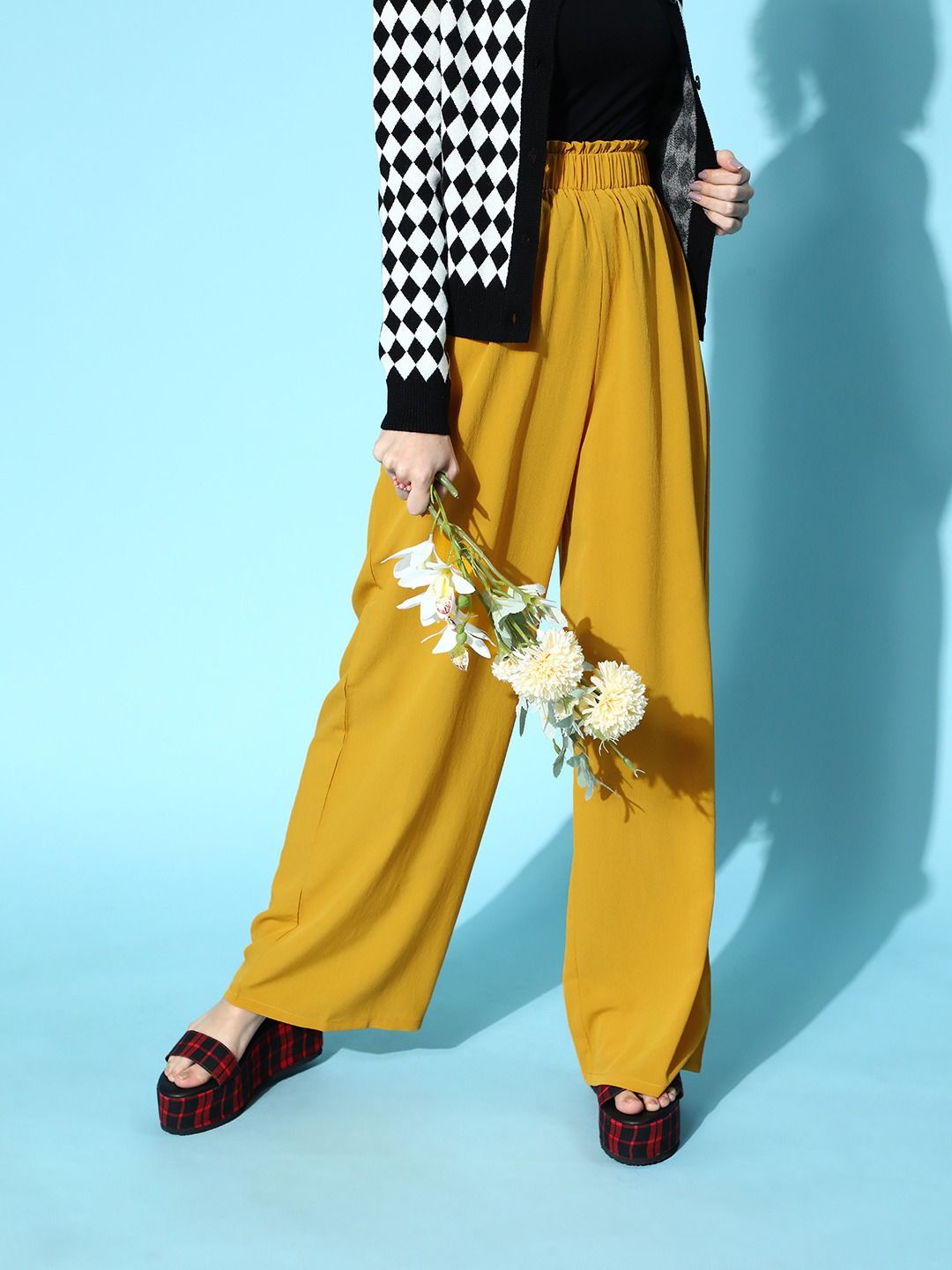 Berrylush Women Stylish Mustard Solid Elevated Bottom Trousers