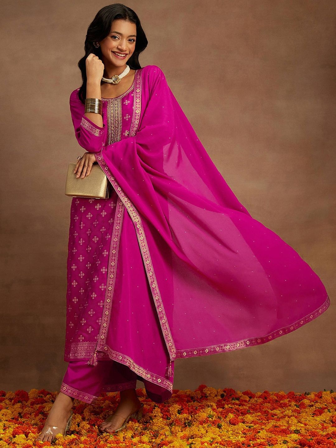 Libas Ethnic Motifs Embroidered Sequinned Straight Kurta With Trousers & Dupatta