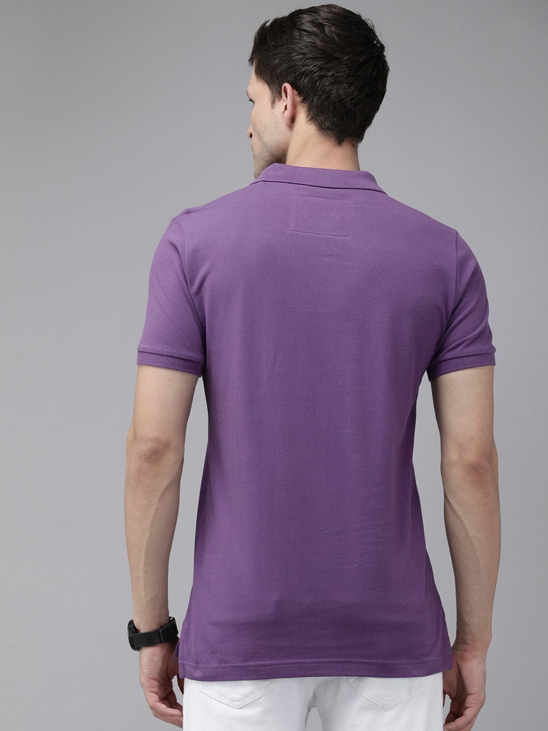 THE BEAR HOUSE Men Lavender Polo Collar Pure Cotton Slim Fit T-shirt