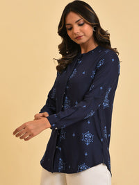 W Blue Ethnic Motifs Printed Casual Shirt