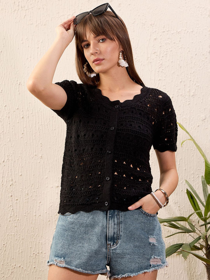 SASSAFRAS Self Design Round Neck Crochet Shirt Style Top