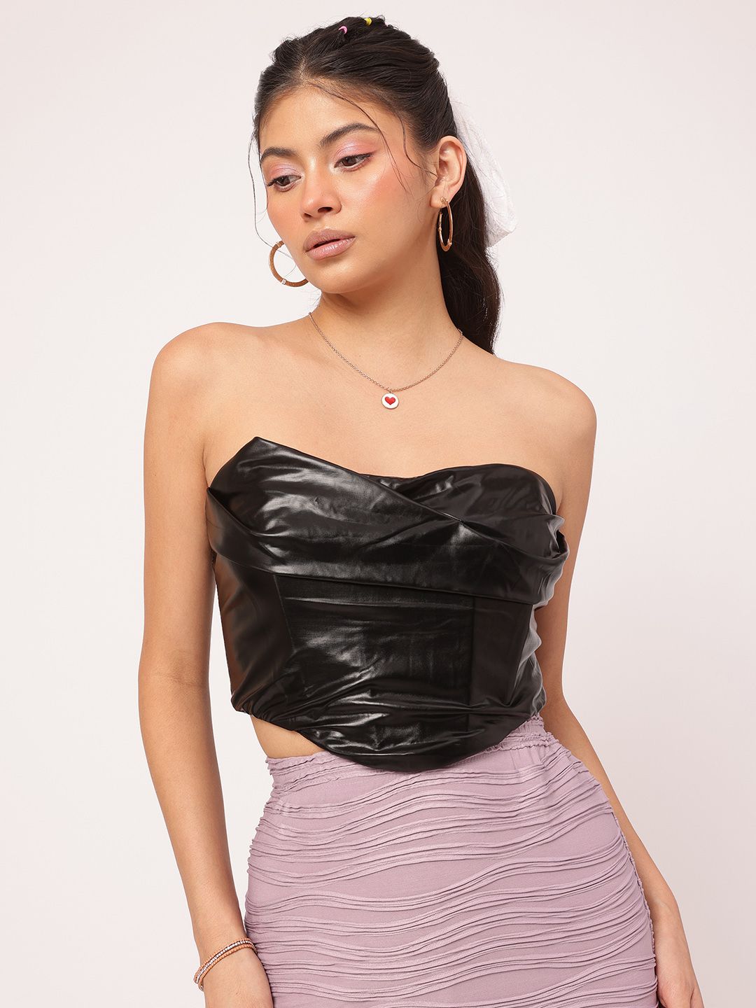 DressBerry Chic Sheen Faux Leather Corset Crop Top