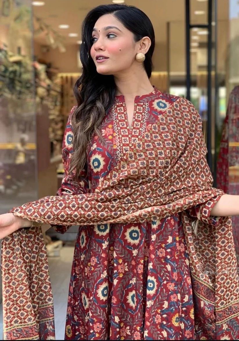 KALINI Floral Printed Mandarin Collar A-Line Kurta With Trouser And Dupatta