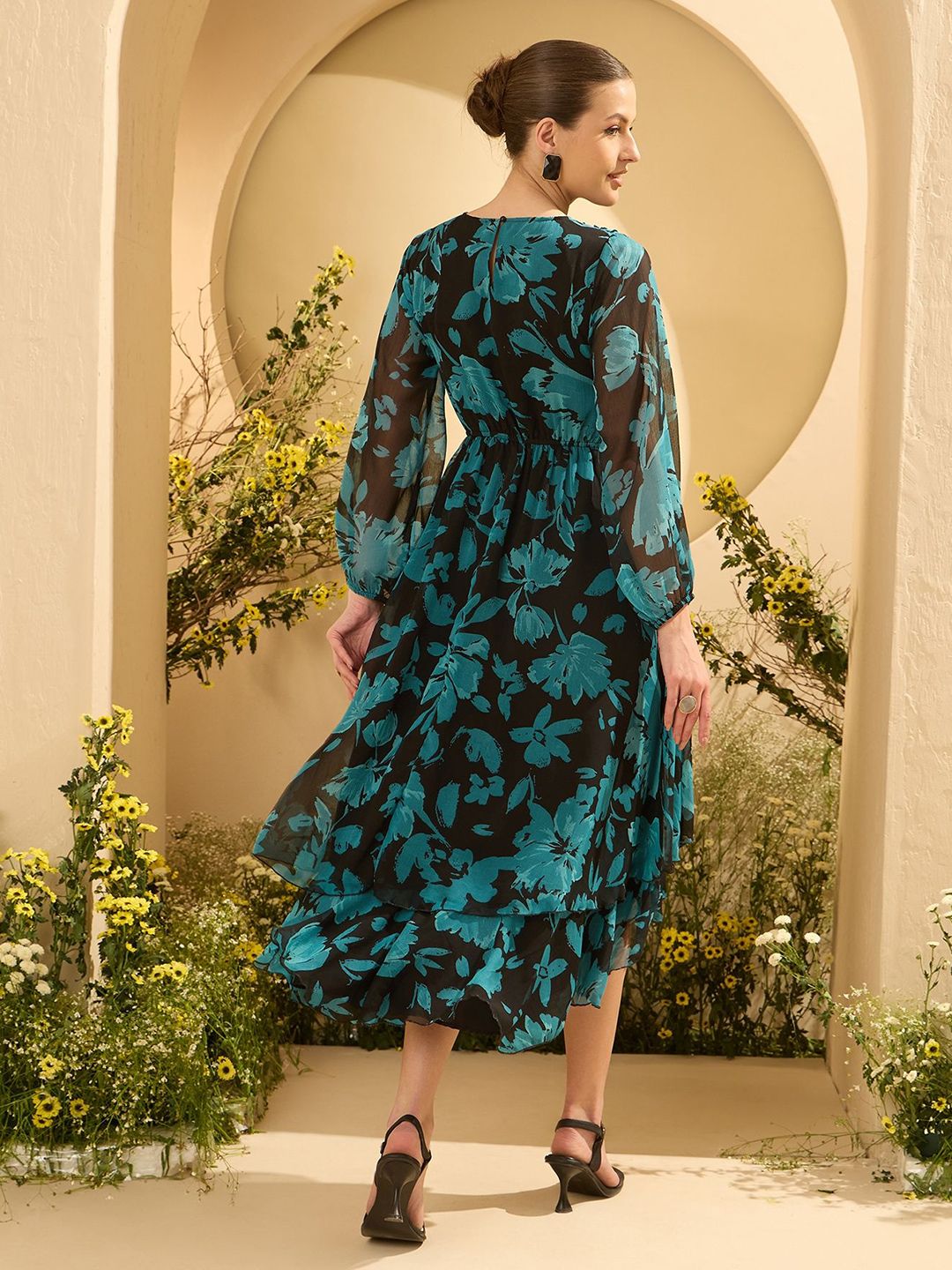 Antheaa Women Floral Printed Embellished Fit and Flare Midi Dress