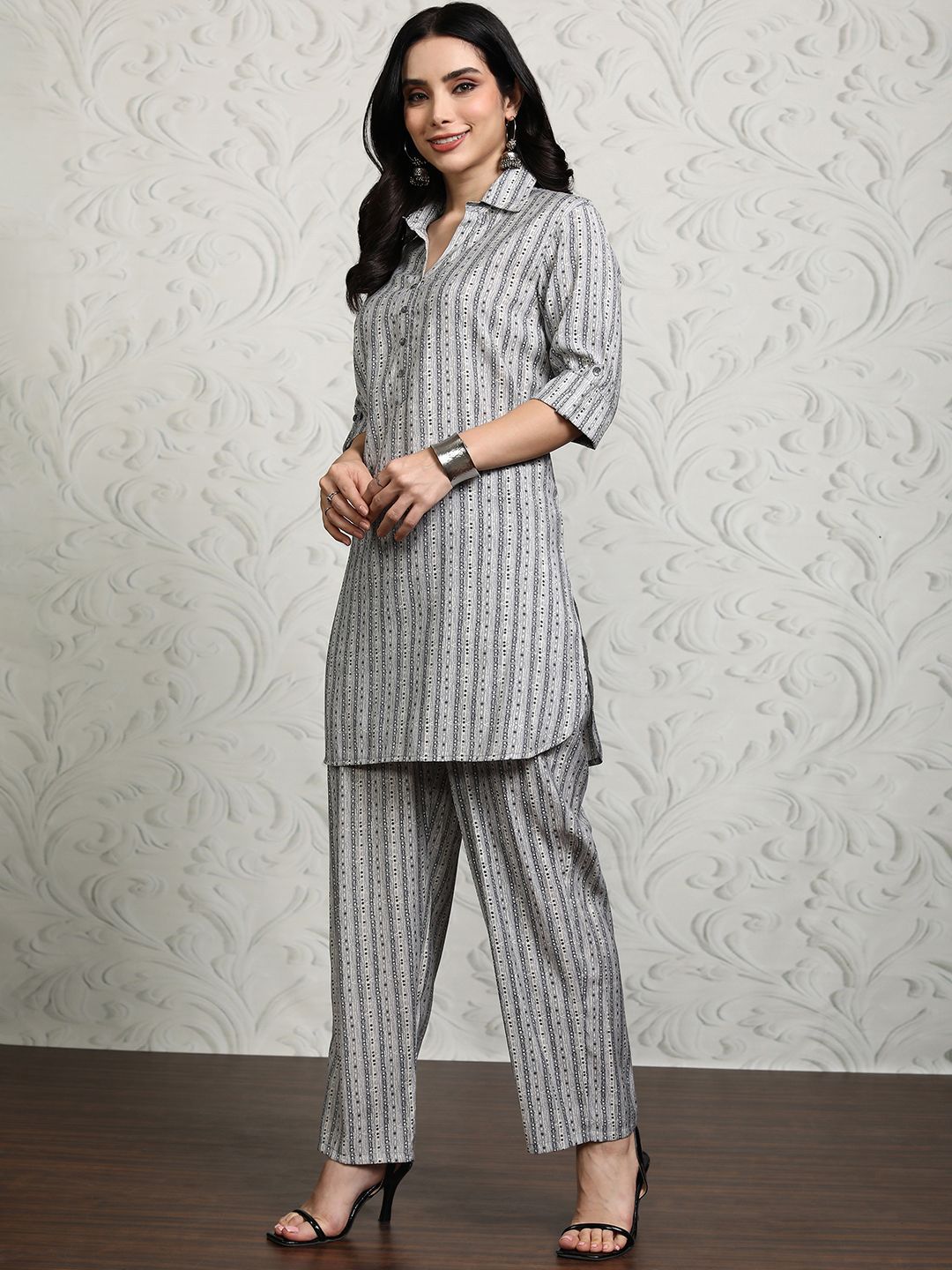 Vishudh Shirt Collar Striped Tunic With Trouser