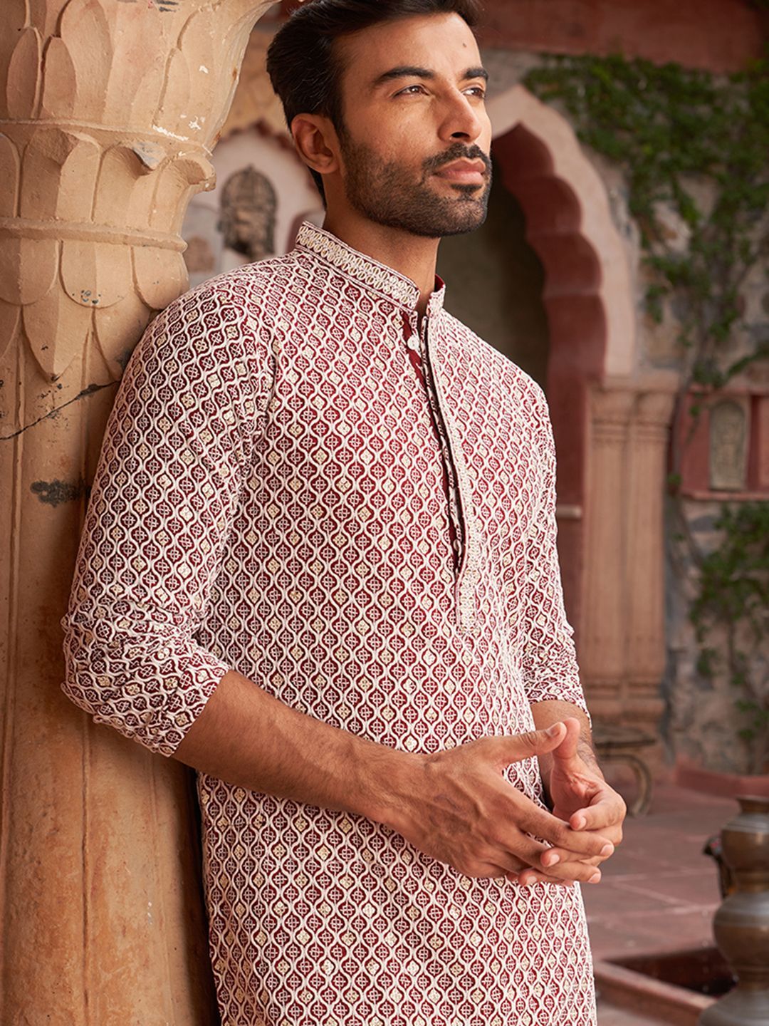 Jompers Geometric Embroidered Chikankari Mandarin Collar Pure Cotton Straight Kurta