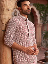 Jompers Geometric Embroidered Chikankari Mandarin Collar Pure Cotton Straight Kurta