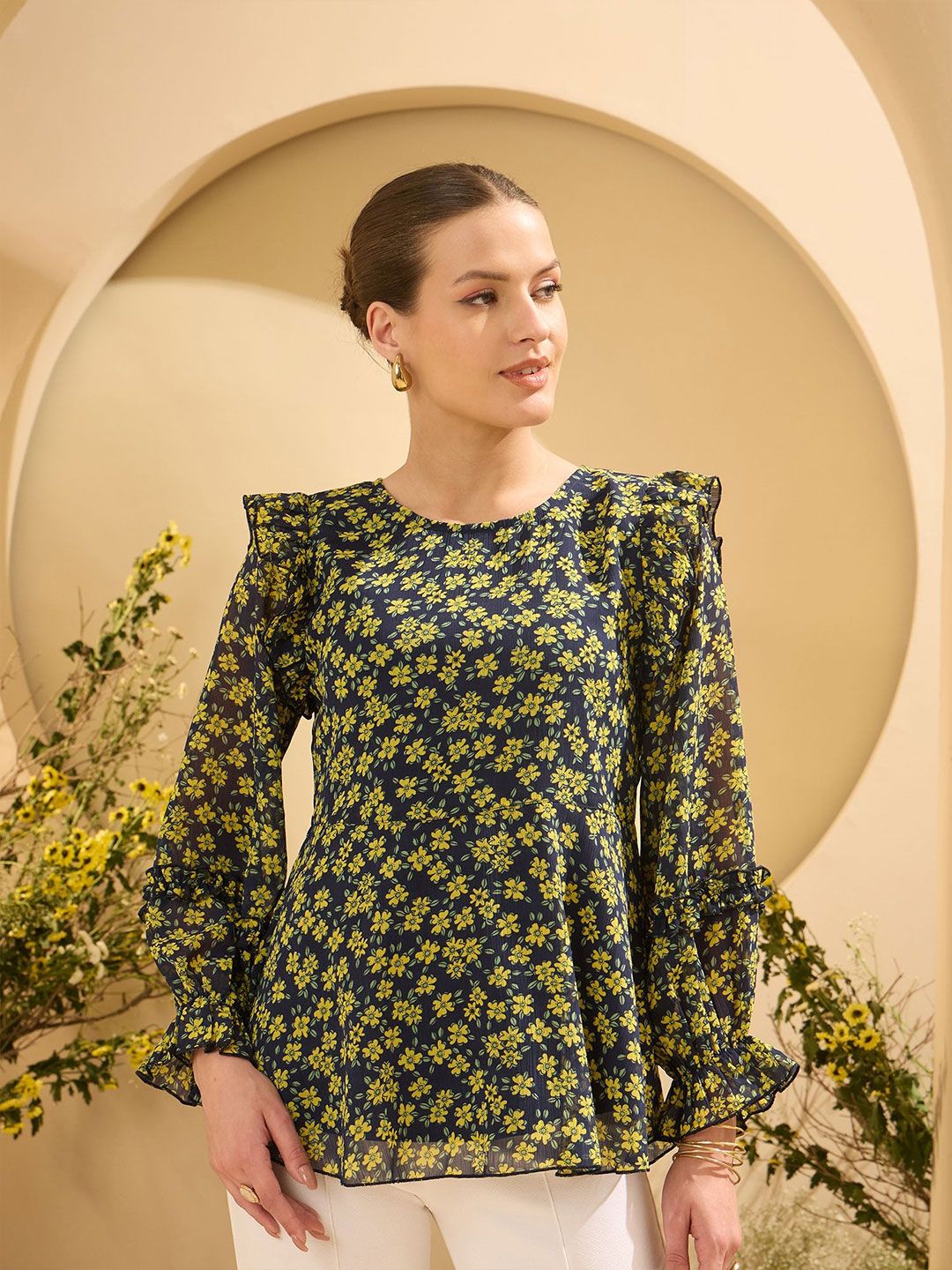 Antheaa Women Floral Print Flutter Sleeve Chiffon Top