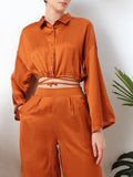 DressBerry Sashay In Satin Modern Glamour Midriff Peek Tie-Up Blouson Shirt Style Crop Top