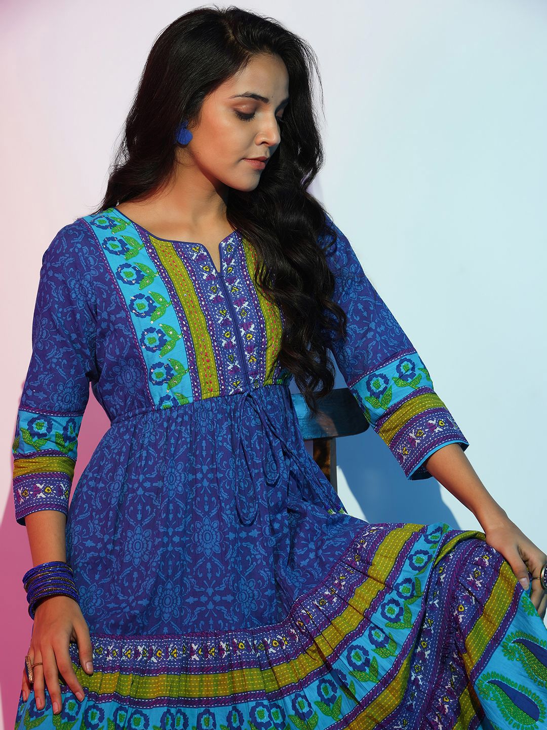 Libas Printed Layered Fit & Flare Midi Dress