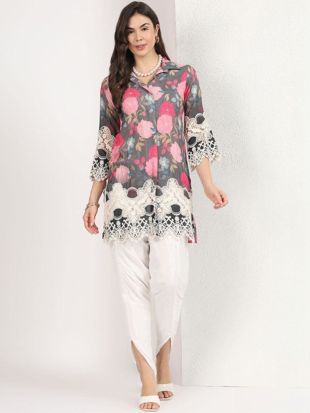 Mamicha Women Floral Printed Regular Thread Work Kurti with Dhoti Pants