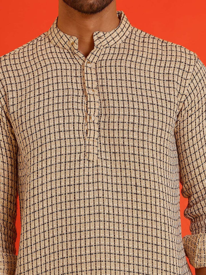 Jompers Checked Band Collar Long Roll-Up Sleeves Straight Kurta