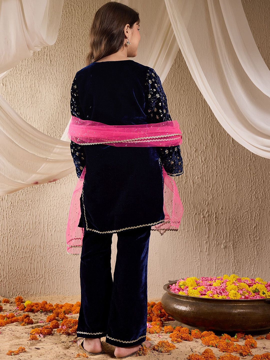 pspeaches Girls Floral Embroidered Sequinned Velvet Kurta with Sharara & Dupatta