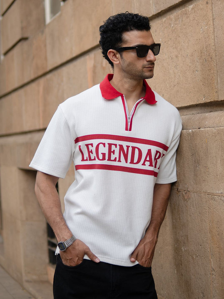 Powerlook Typography Printed Polo Collar Drop-Shoulder Sleeves Oversized T-shirt