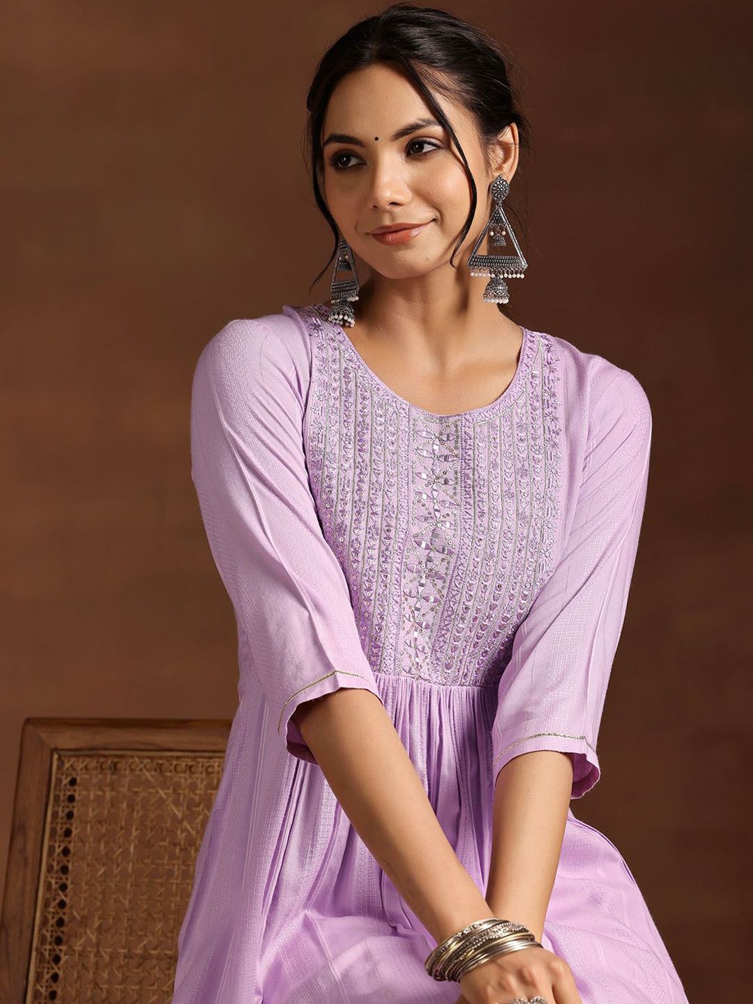 Libas Lavender Floral Yoke Design Sequined Pleated Detail Anarkali Kurta