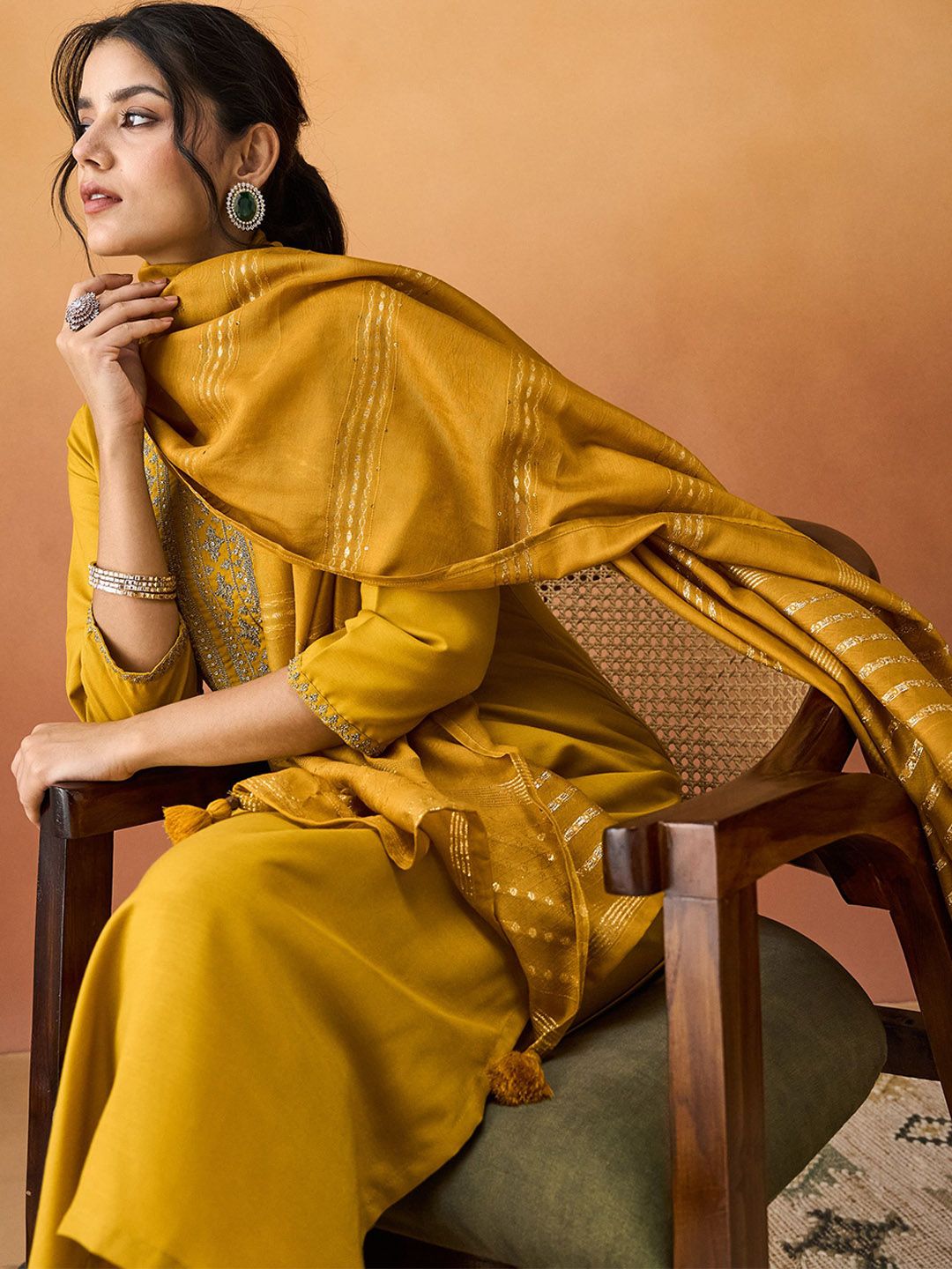 KALINI Ethnic Motifs Yoke Design Thread Work Straight Kurta With Trousers & Dupatta