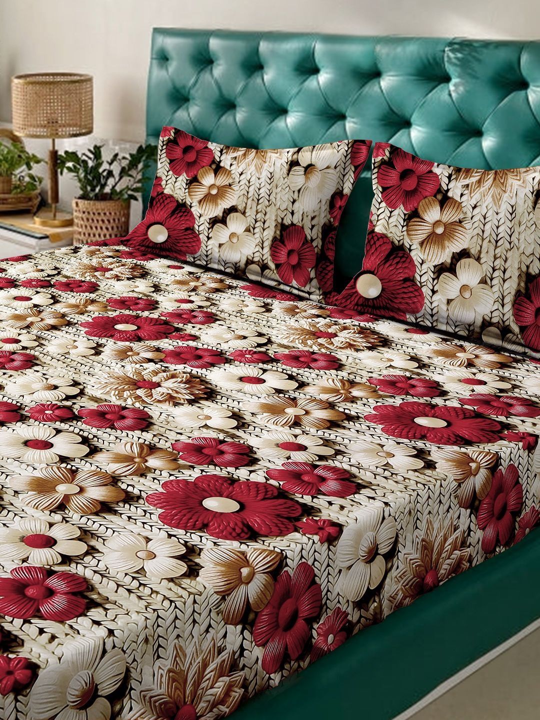 Myntra Elegant Cream Floral Printed Dilengkapi 300 TC King 7D Cadar & 2 Sarung Bantal