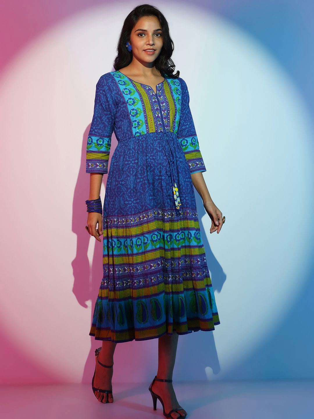 Libas Printed Layered Fit & Flare Midi Dress