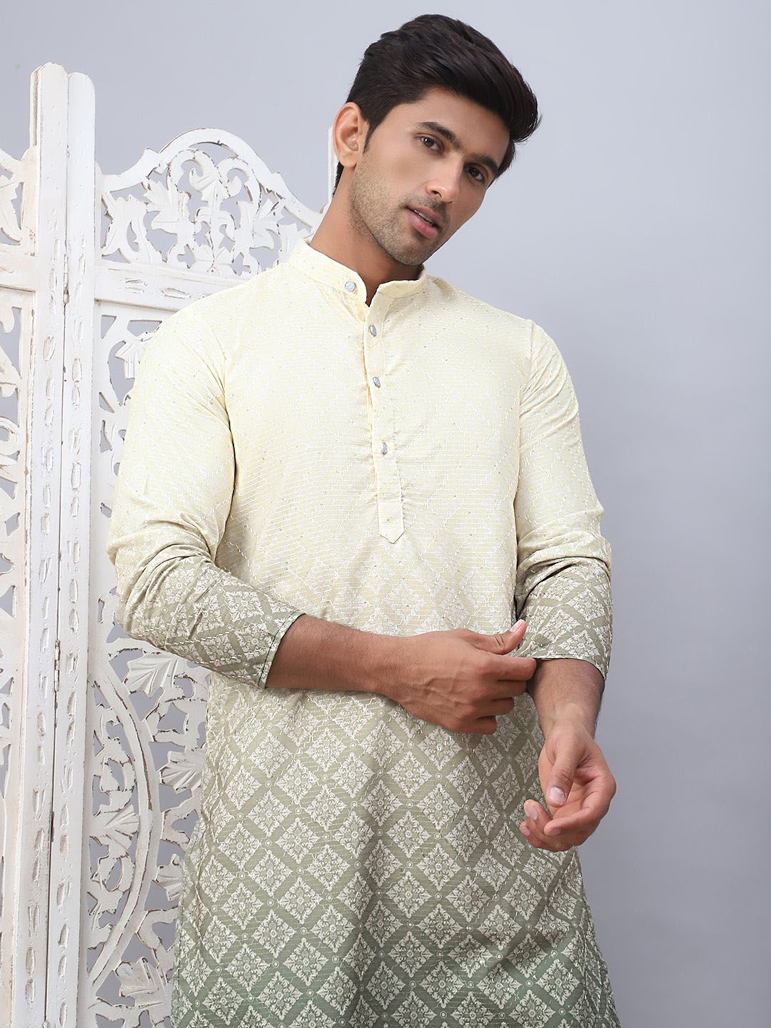 Jompers Floral Printed Mandarin Collar Sequins Ombre Straight Kurta
