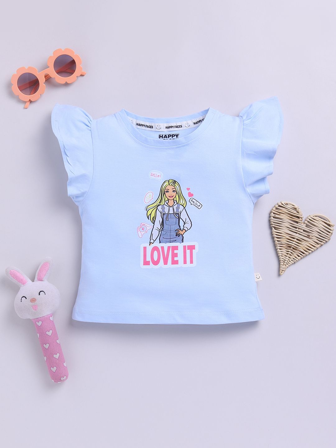 Happy Faces Kids Girls Barbie Printed Flutter Sleeve Pure Cotton Top