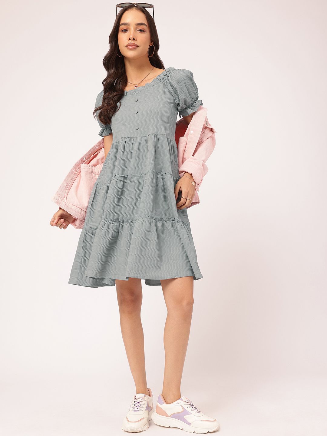 DressBerry Textured Play Tiered Fit & Flare Dress
