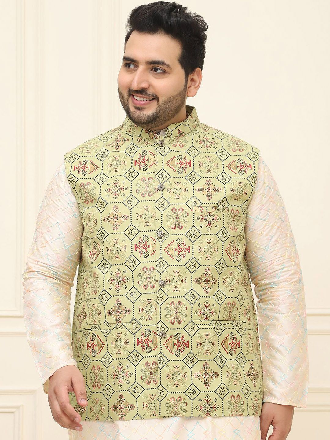 SOJANYA PLUS Lelaki Printed Mandarin Collar Cotton Linen Jaket Nehru