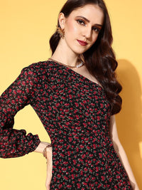 Berrylush Floral Print One Shoulder Bishop Sleeve Ruffled Georgette A-Line Dress