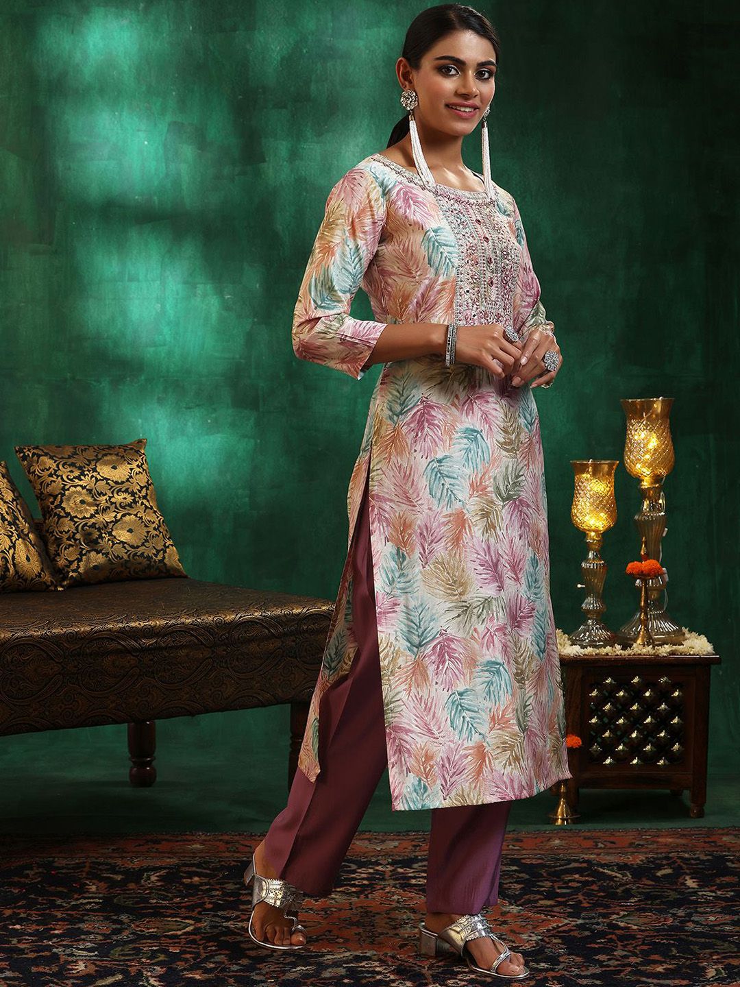 Libas Floral Printed Regular Thread Work Straight Kurta with Trousers & Dupatta