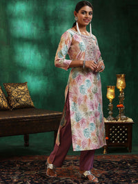 Libas Floral Printed Regular Thread Work Straight Kurta with Trousers & Dupatta