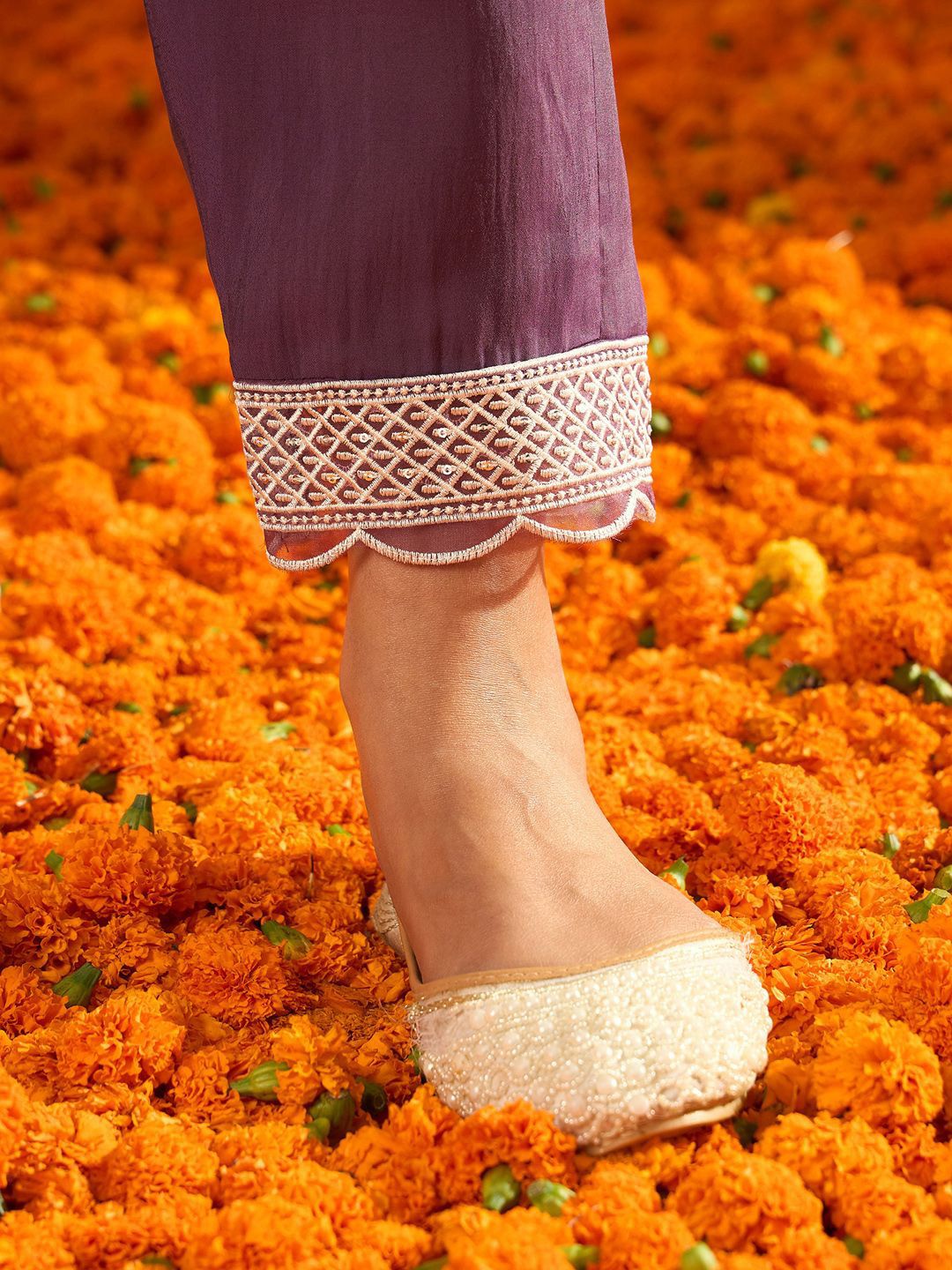 Indo Era Floral Embroidered Thread Work Straight Kurta With Trousers & Dupatta