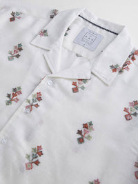 VASTRADO Men White Embroidered Notch Collar Oversized Pure Cotton Shirt