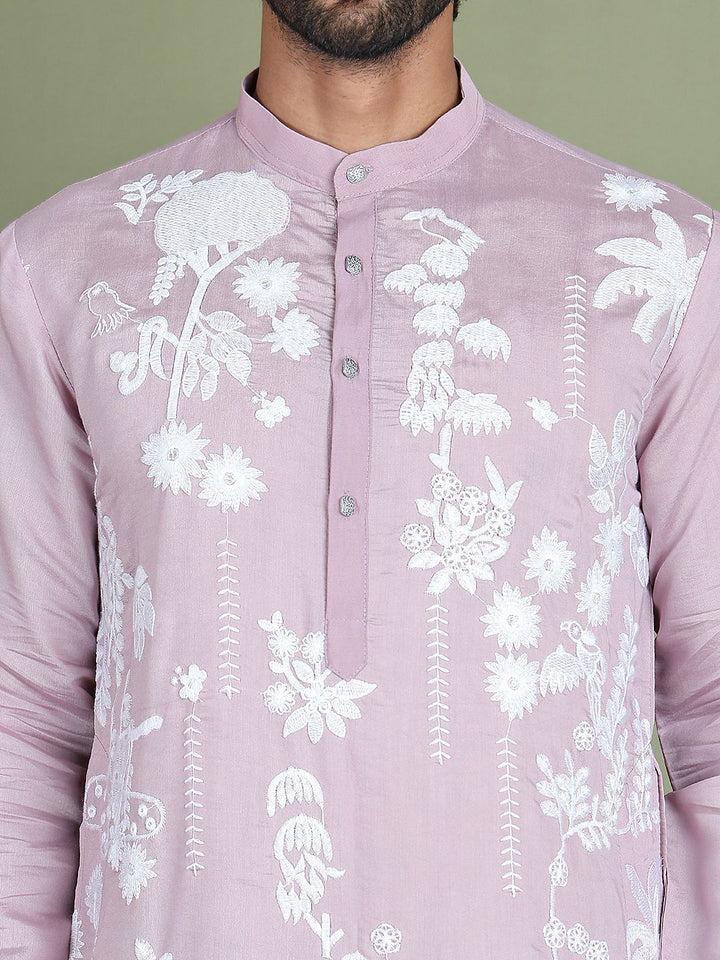 Jompers Floral Embroidered Mandarin Collar Chikankari Kurta
