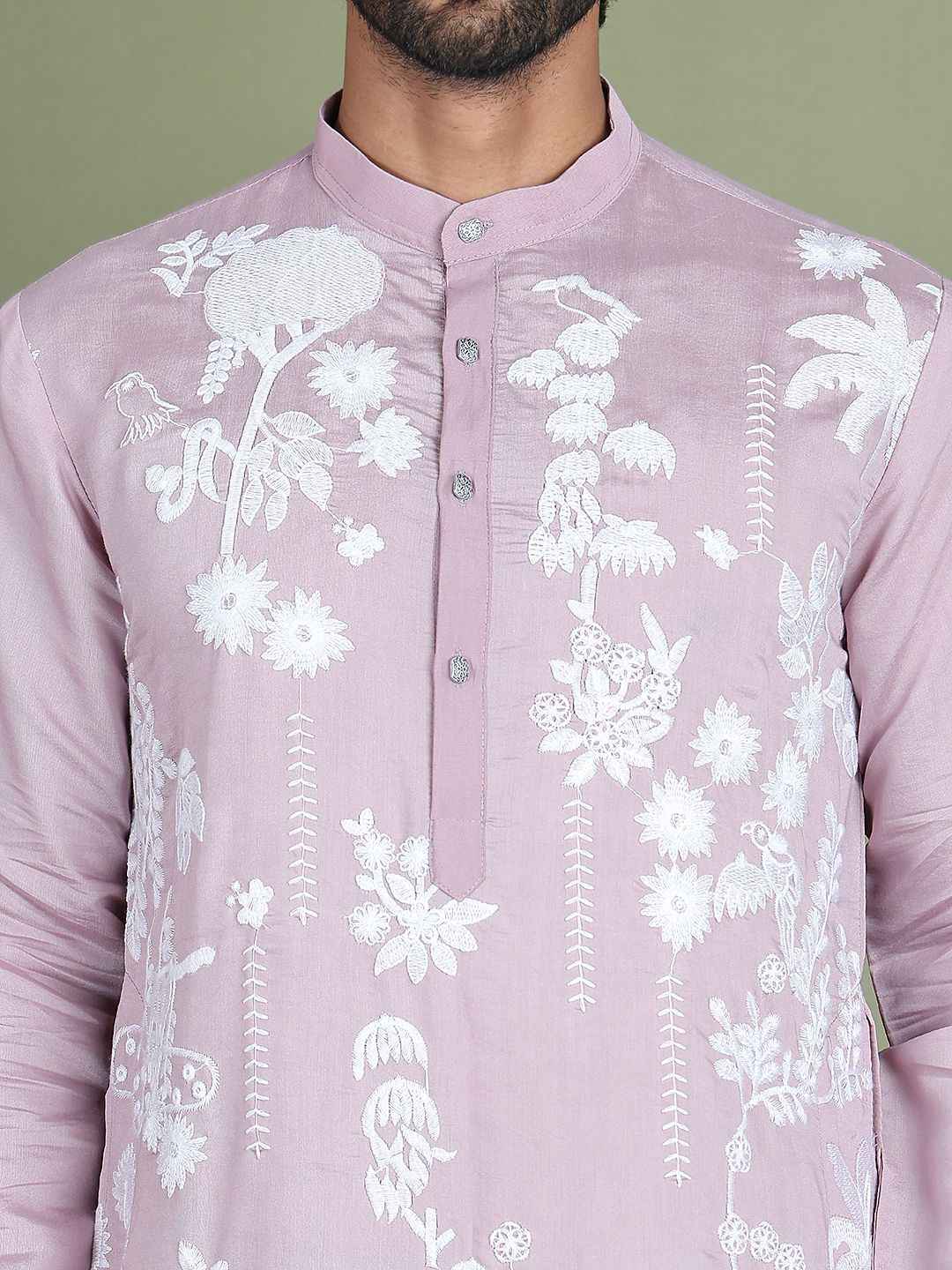 Jompers Floral Embroidered Mandarin Collar Chikankari Kurta