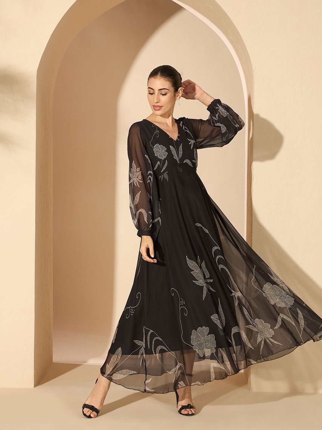 Antheaa Floral Chiffon Fit and Flare Maxi Dress