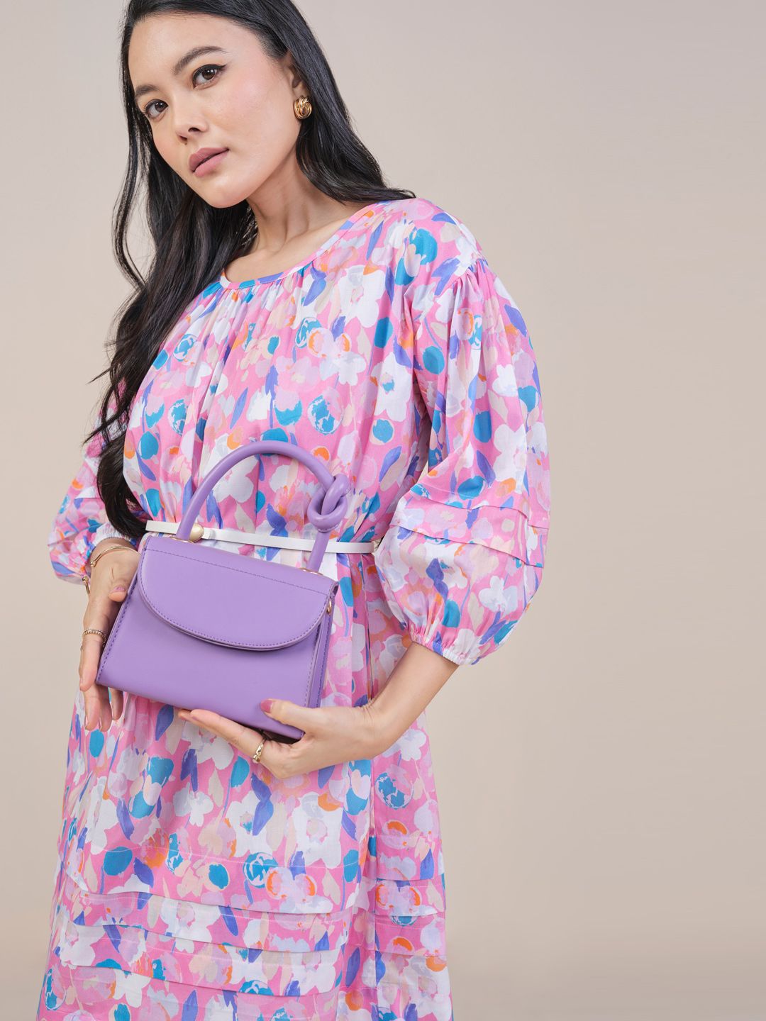 AND Floral Printed Puff Sleeve A-Line Mini Dress