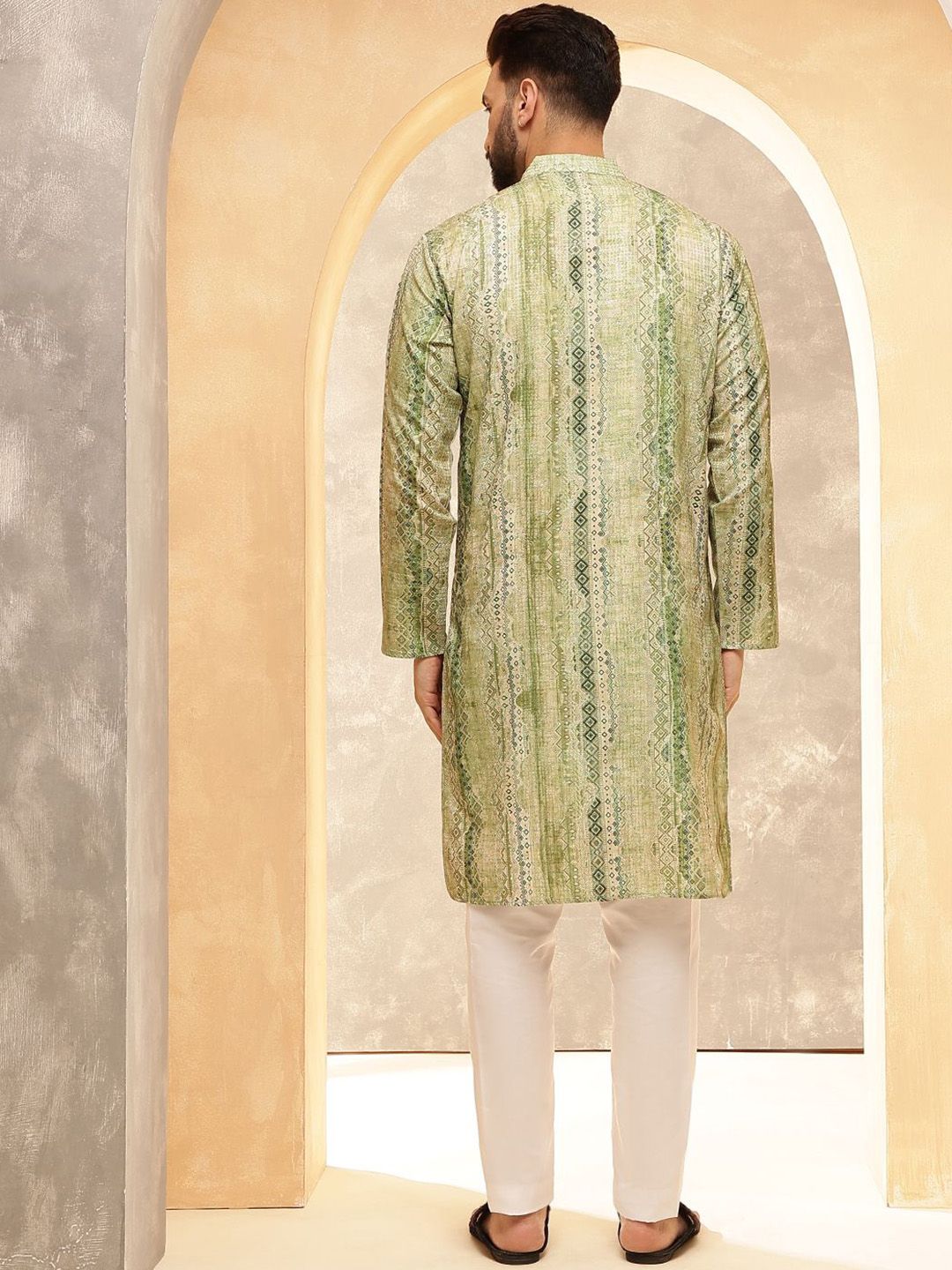 SOJANYA Ethnic Motifs Printed Band Collar Cotton Silk Straight Kurta