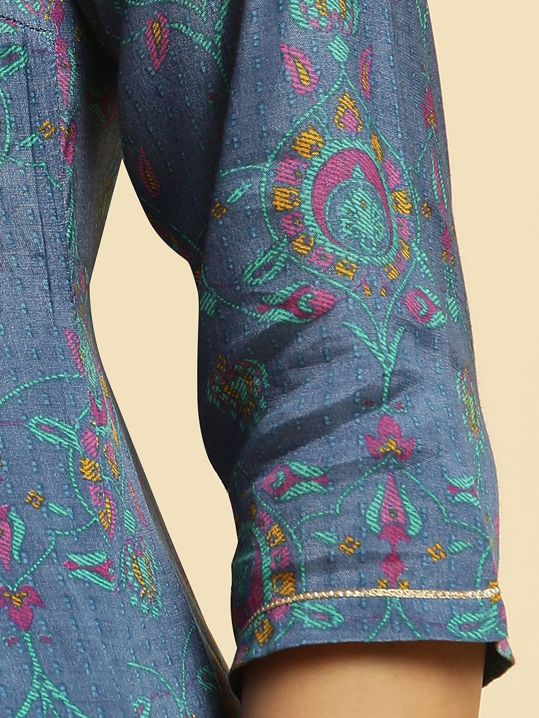 W Floral Printed Striped Keyhole Neck Straight Kurta