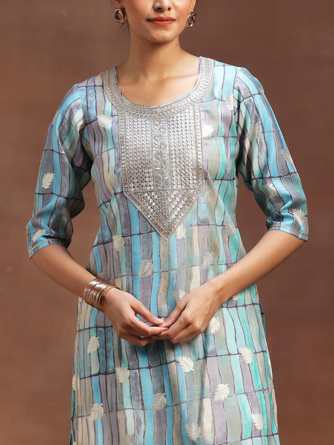Libas Geometric Printed Sequinned Straight Kurta With Sharara & Dupatta