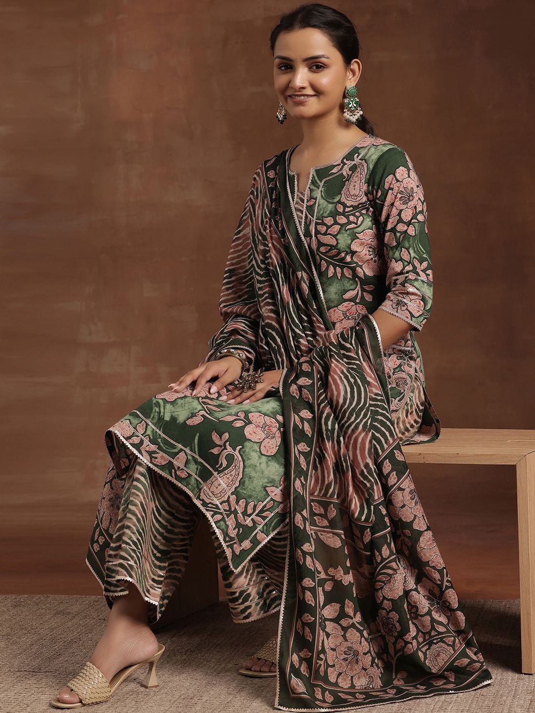 Libas Green Floral Printed Gotta Patti Pure Cotton Kurta With Palazzos & Dupatta