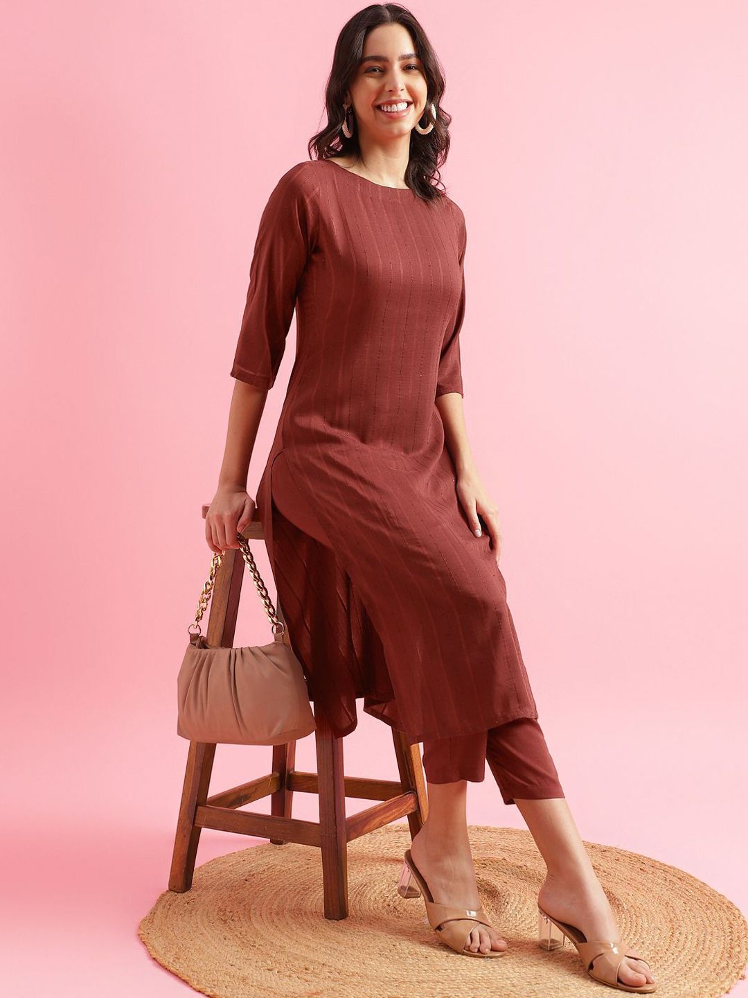 KALINI Striped Woven Design Straight Kurta with Trousers