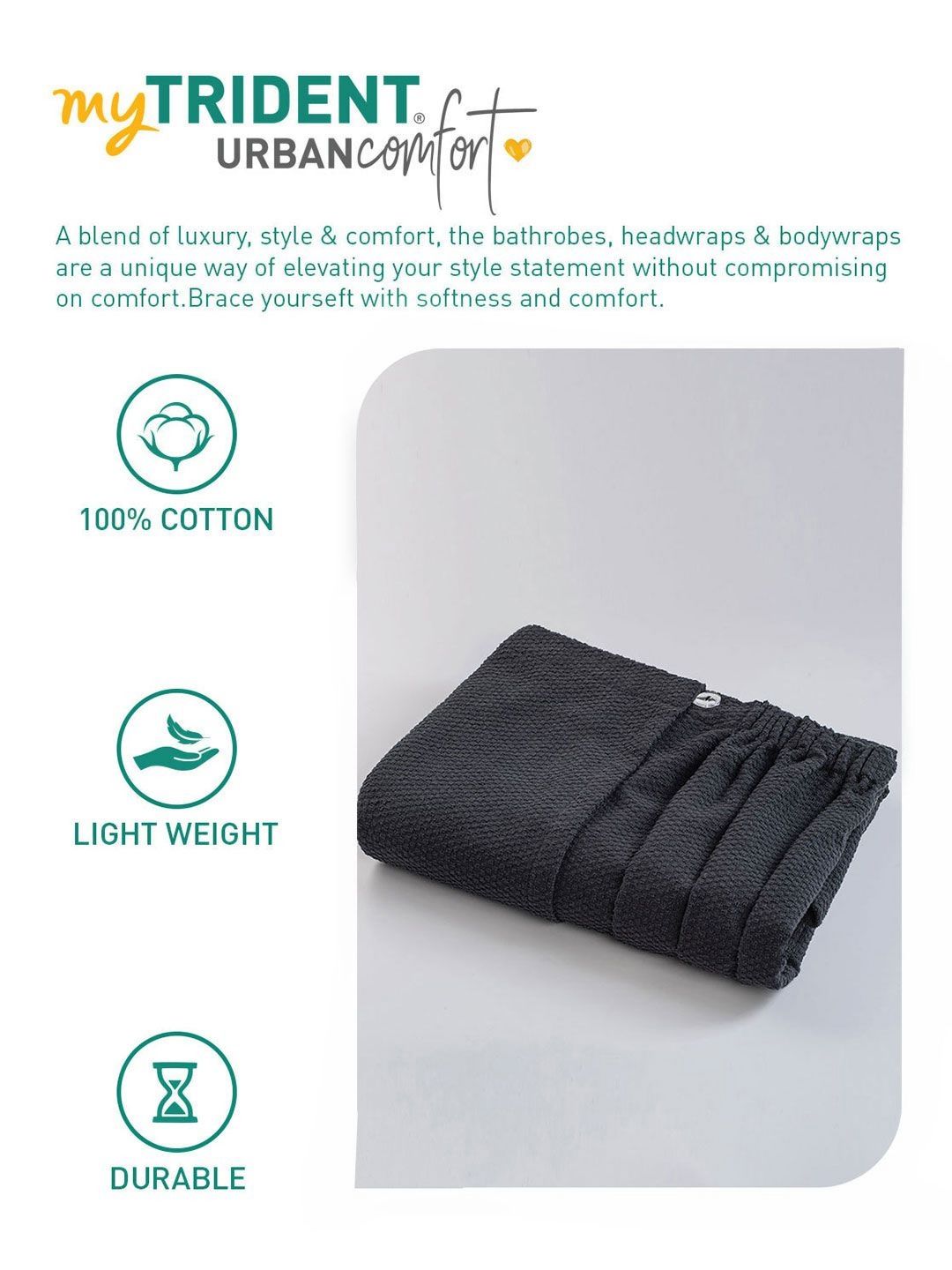 MYTRIDENT Black Cotton Bath Robe with head scarf