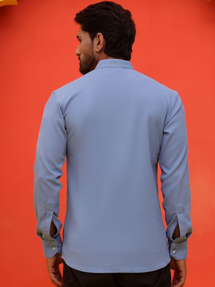Jompers Striped Band Collar Long Roll-Up Sleeves Straight Kurta