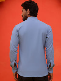 Jompers Striped Band Collar Long Roll-Up Sleeves Straight Kurta
